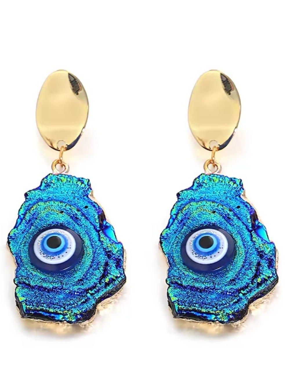 Gold Hoop Earrings with Light Blue Beads and White Eye Bead - Women Jewelry